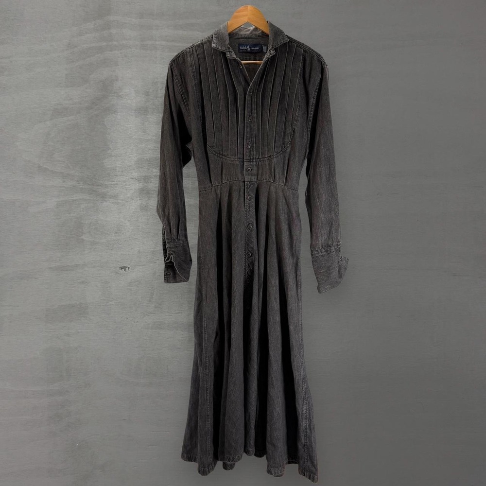 Vintage Ralph Lauren Denim Maxi Dress Black Pleated Tuxedo Bib Made in USA 4
